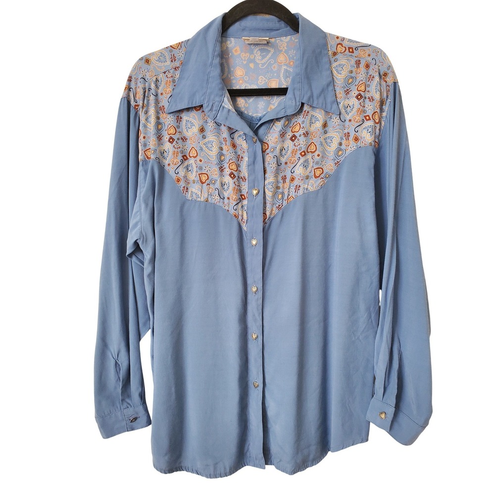 VTG Desert West by Sherry Holt Western Top L Blue Cowgirl Silver Heart Buttons